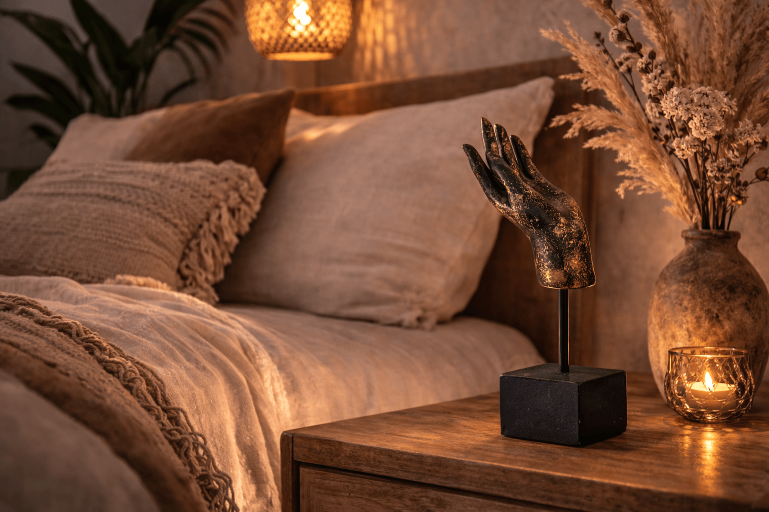 Zwart goud Boeddha hand decoratie op nachtkastje in rustige slaapkamer met warme verlichting