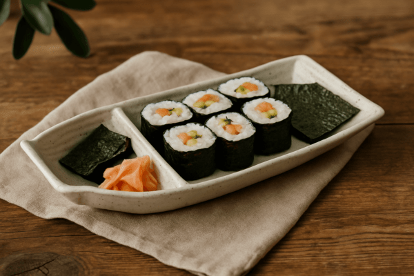 Dao schaal met sushirolletjes, gember en nori-bladen op een linnen servet