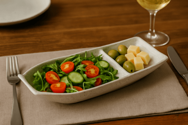 Dao schaal 31 cm gevuld met salade, groene olijven en blokjes kaas