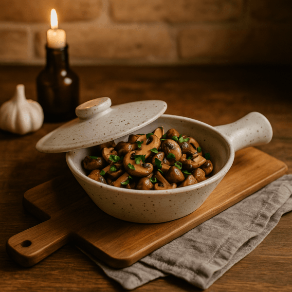 Keramische dekschaal Dao in gespikkeld wit met gebakken champignons, gepresenteerd op een houten plank