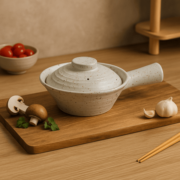 Dekschaal Dao in gespikkeld wit, op een houten snijplank met knoflook en champignons ter decoratie