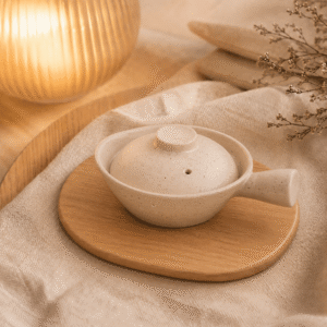 Dekschaal gespikkeld wit met handgreep en deksel op een houten onderzetter met warme verlichting en beige textiel.