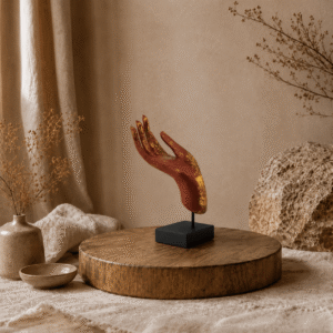 Rood-gouden beeld van de hand van Boeddha op standaard in een warme natuurlijke woonsetting.