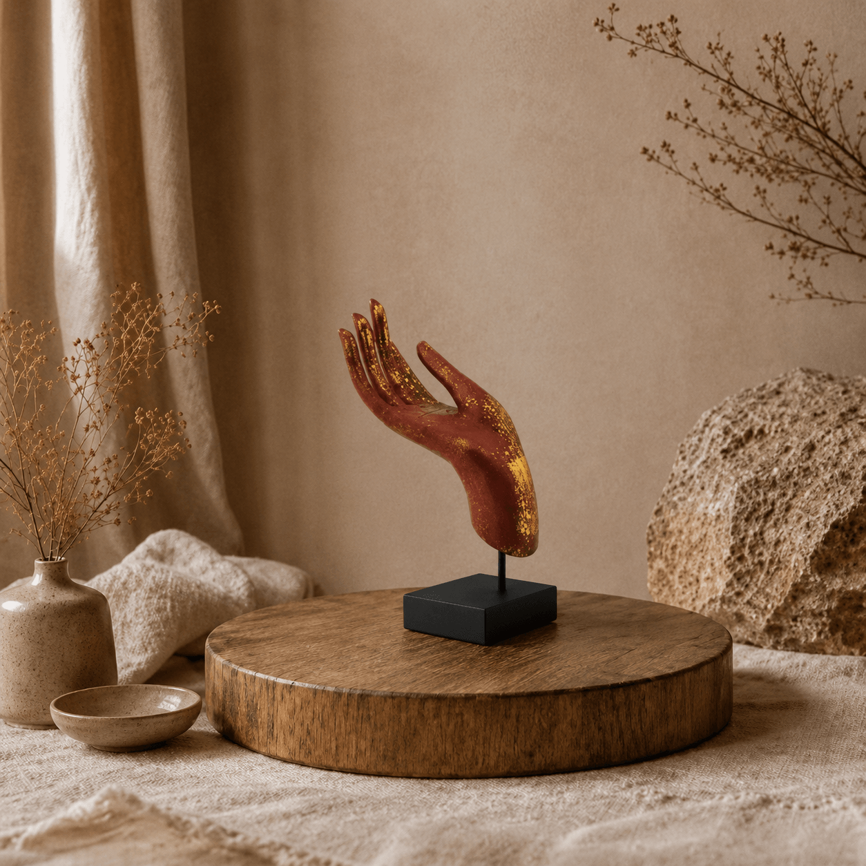 Rood-gouden beeld van de hand van Boeddha op standaard in een warme natuurlijke woonsetting.