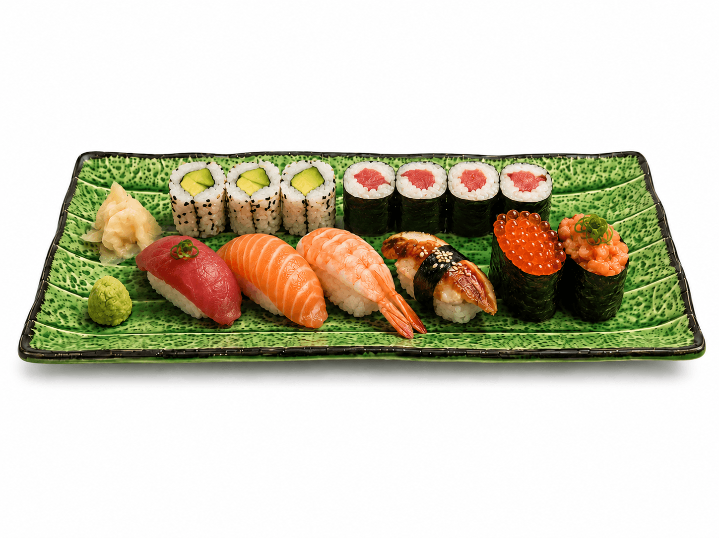 Groene rechthoekige keramische serveerschaal van 29 cm met verschillende soorten sushi.