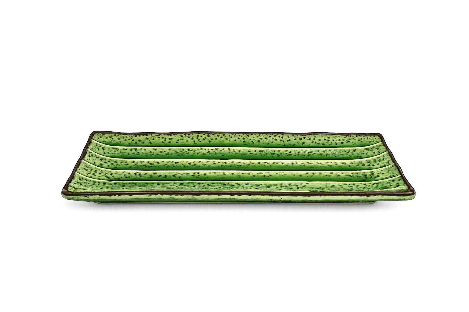 Groene rechthoekige keramische serveerschaal van 29 cm met ribbelreliëf op een witte achtergrond.