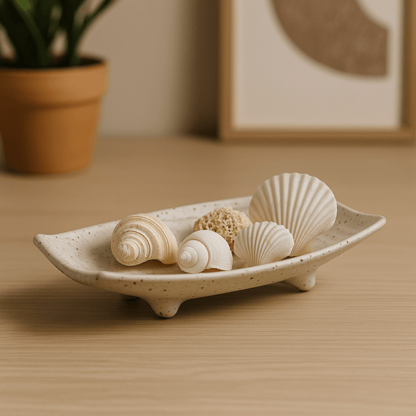 Decoratieve keramieken schaal met schelpen op een houten ondergrond in warme setting.