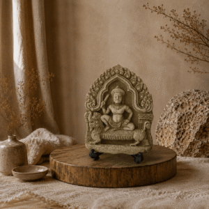 Thaise decoratiesteen met reliëf op zwarte standaard in een warme natuurlijke interieursetting.