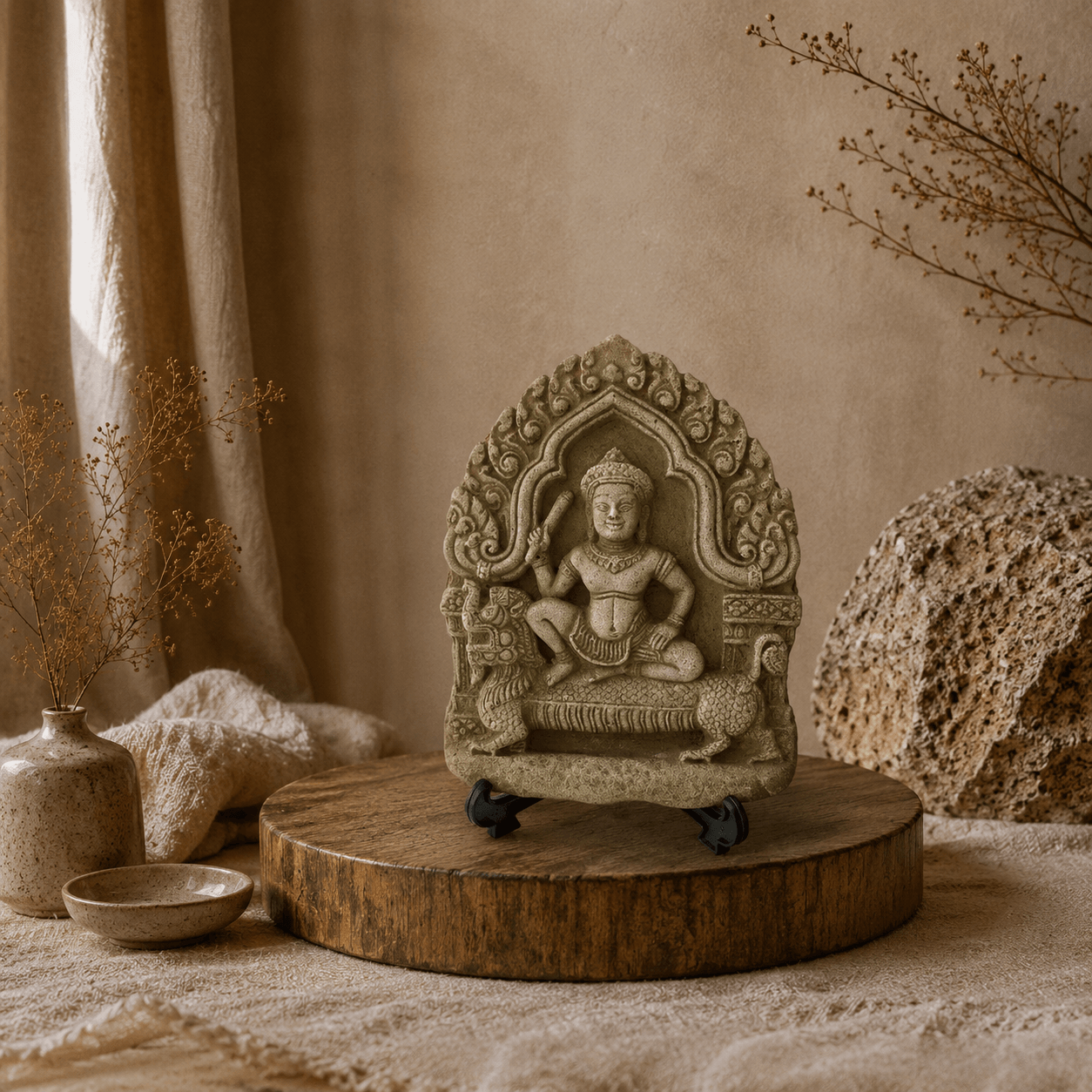 Thaise decoratiesteen met reliëf op zwarte standaard in een warme natuurlijke interieursetting.