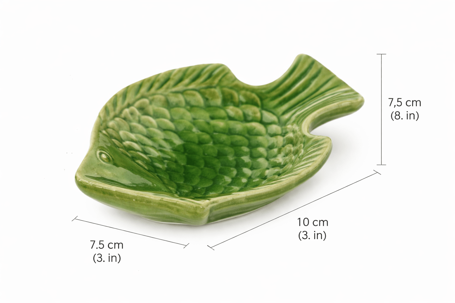 Groen vis schaaltje 10 cm met zichtbare afmetingen en formaat