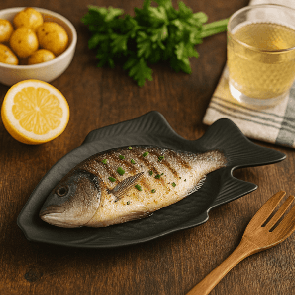 Grote zwarte visschaal met hele dorade, citroen en verse kruiden, sfeervol opgediend voor diner.