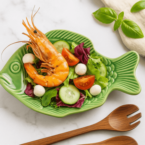 Keramisch visschaaltje in groen met salade, mozzarella en grote garnaal