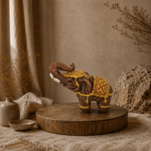 Stenen olifant in bruin-goud met opgeheven slurf in een warme natuurlijke interieursetting.