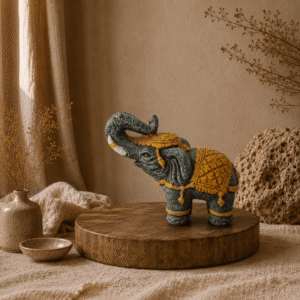 Stenen olifant in grijs-goud met opgeheven slurf in een warme natuurlijke interieursetting.