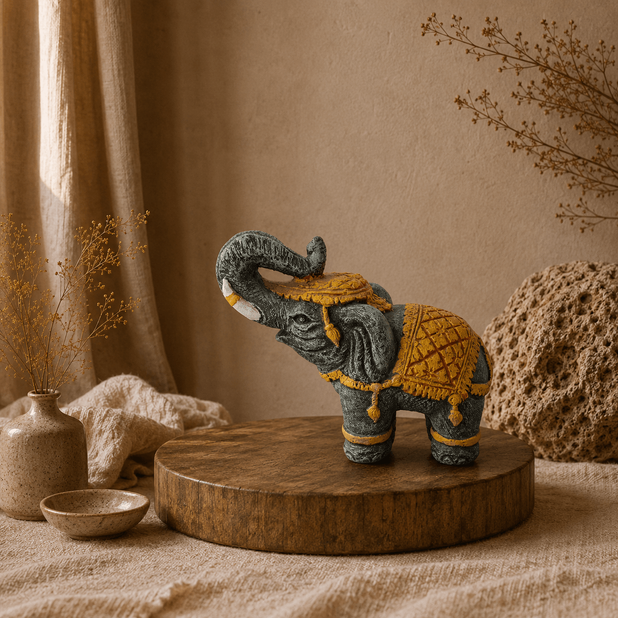 Stenen olifant in grijs-goud met opgeheven slurf in een warme natuurlijke interieursetting.