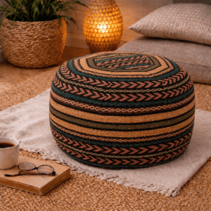 Ronde Thaise poef Hat Yai in zwart, zand, olijfgroen en zachtroze met grafisch geweven patroon.