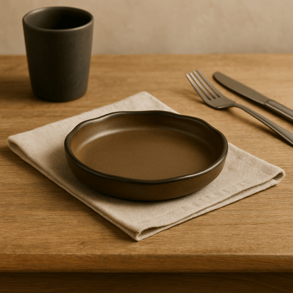 Klein keramieken bord van 17 cm in bruin, geplaatst op servet aan een houten tafel met zwart servies.