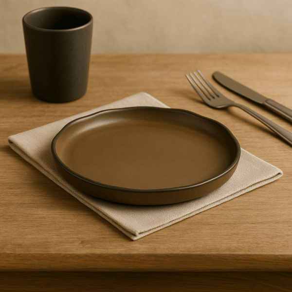 Matbruin bord van 20 cm keramiek, op tafel met servet, mes en vork.