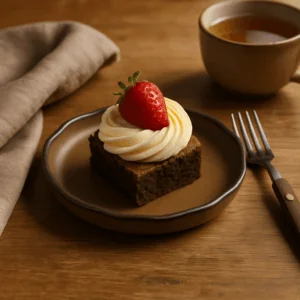 Mat bruin diep bord van 17 cm met klein dessert, room en aardbei op houten tafel met kop thee en vork ernaast.