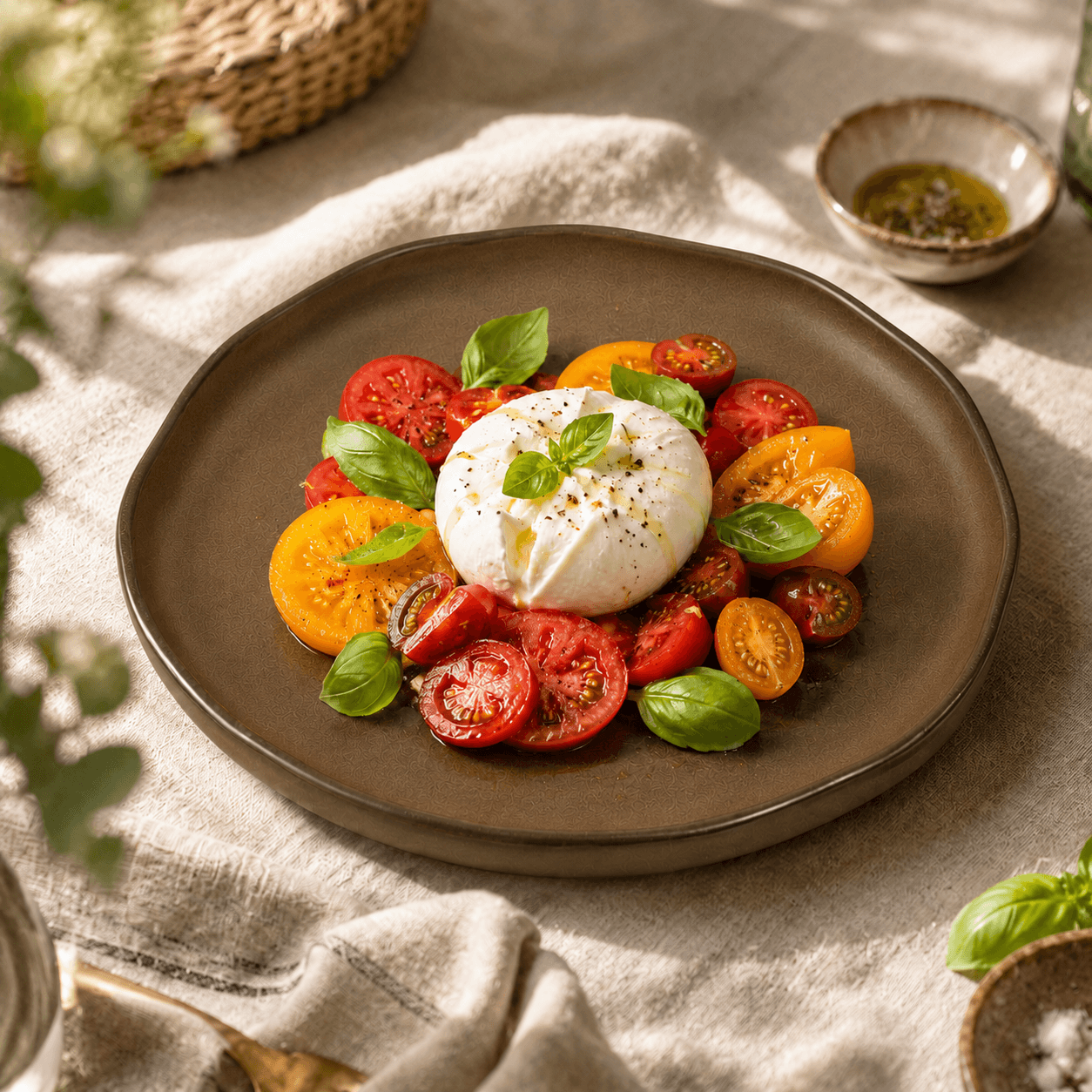 Mat bruin diep bord van 20 cm met burrata, rode en gele tomaten, basilicum en olijfolie op een lichte linnen ondergrond.