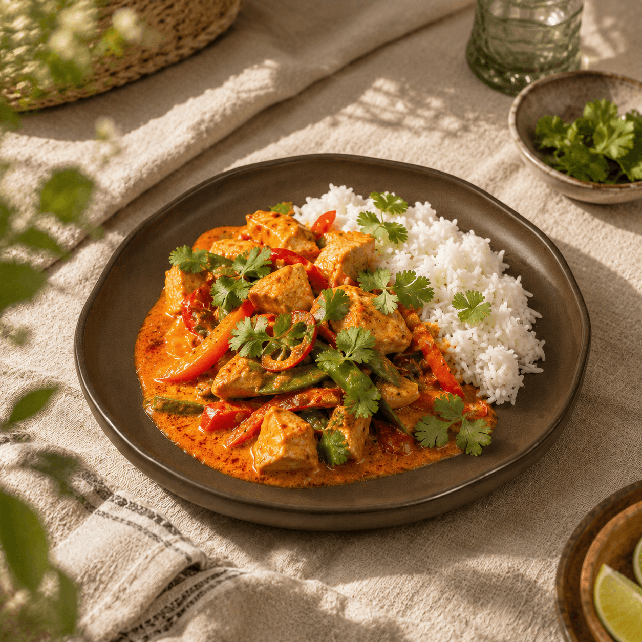 Diep bord mat bruin 24 cm gevuld met Thaise curry, rijst, groenten en koriander op een warme gedekte tafel.
