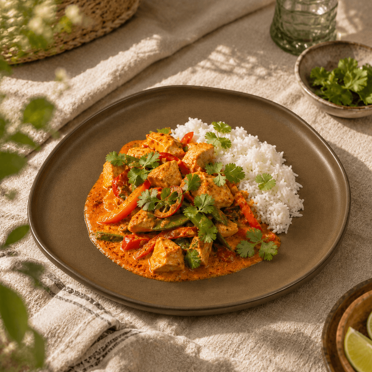 Diep bord mat bruin 29 cm gevuld met Thaise curry, rijst, groenten en koriander op een sfeervol gedekte tafel.