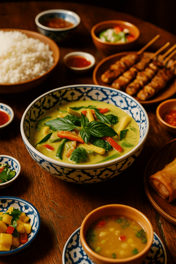Thaise groene curry geserveerd in handgeschilderde keramieken kom tijdens feestelijke maaltijd