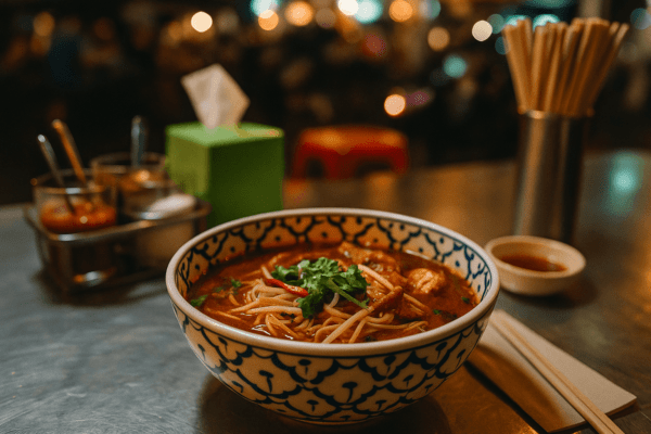 Thaise noedelsoep met koriander in blauw-witte kom op levendige avondmarkt