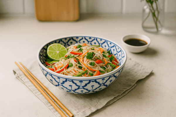 Frisse vermicellisalade met groenten in Thaise kom, geserveerd met limoen en sojasaus