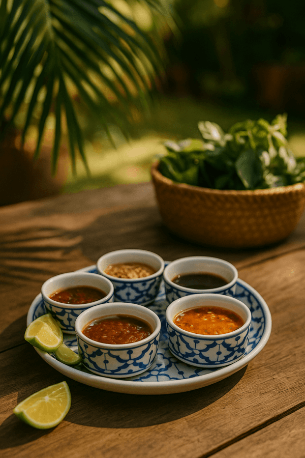 Thaise sausset met verschillende dipsauzen in vijf bakjes, op een houten tafel buiten met limoen en groene kruiden.