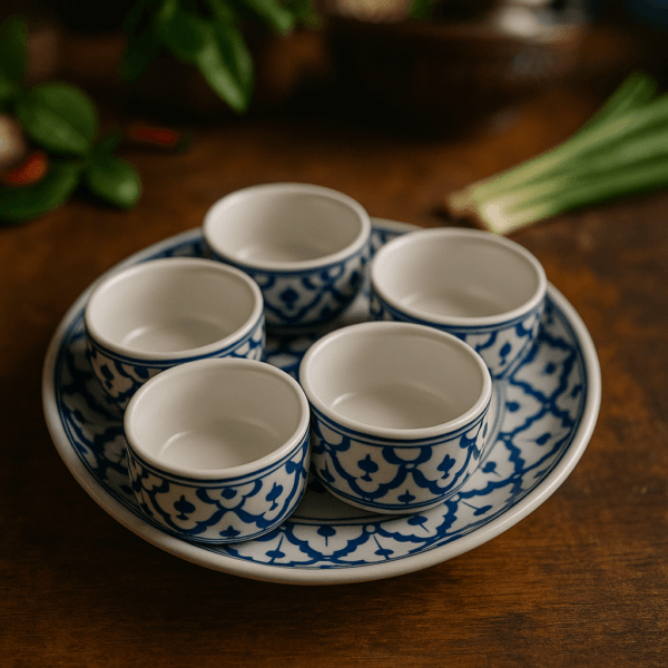 Set van vijf blauw-witte keramieken sausschaaltjes op bijpassend onderbord, gefotografeerd van bovenaf op een houten tafel.