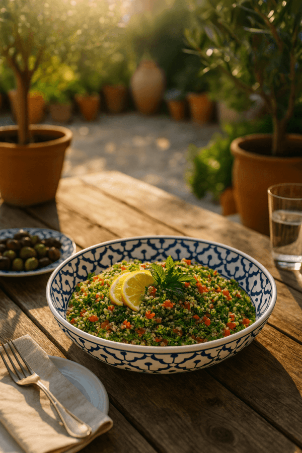 Diep BBQ bord Ø26 cm blauw-wit, gevuld met tabouleh salade en citroen op buitentafel