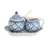 Handgeschilderde Aziatische melk- en suikerset van keramiek in blauw-wit patroon op schaaltje