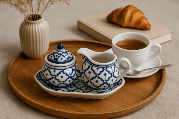 Thais blauw-wit keramieken suiker- en melkset op houten dienblad met theekop, croissant en vaasje als sfeervolle ontbijttafel.