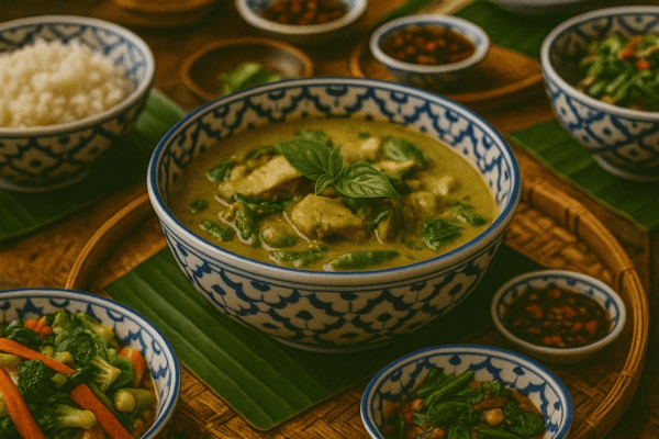 Groene curry met kip en groenten in een handgeschilderde keramische schaal, omringd door rijst en bijgerechten.