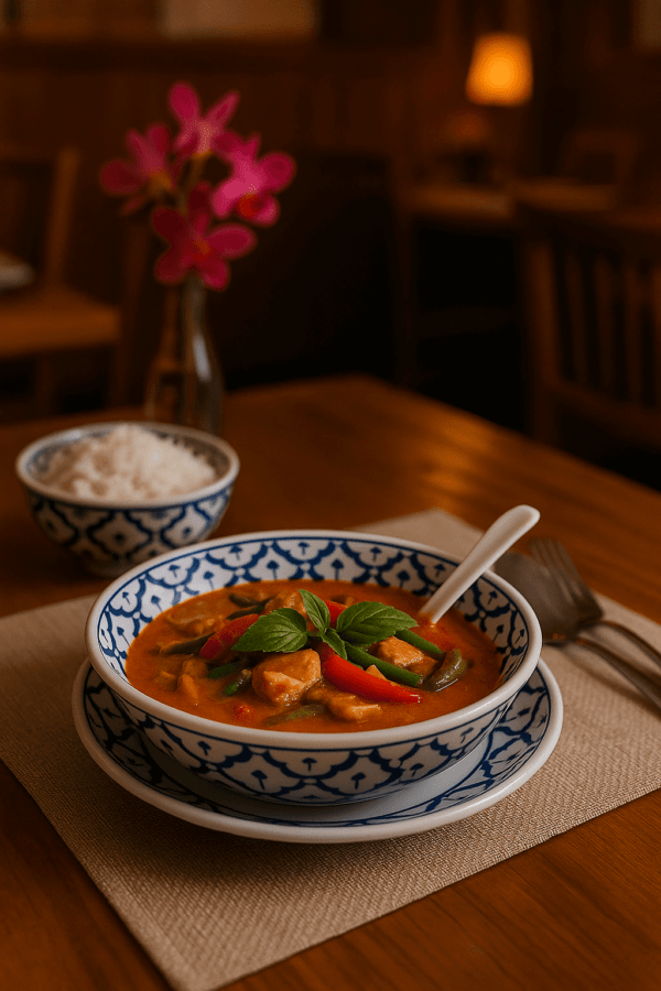 Blauw-witte keramieken schaal met Thaise rode curry en groenten, geserveerd met rijst
