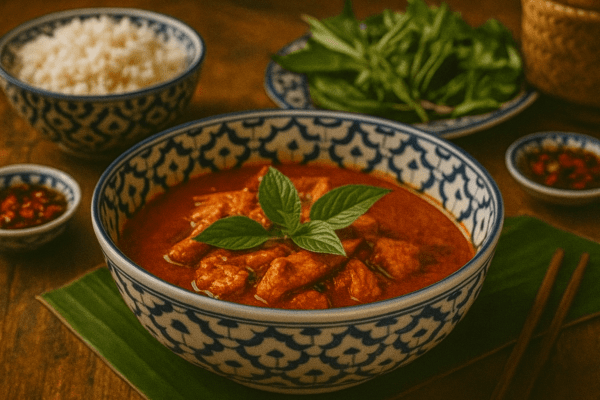 Rode curry met stukjes varkensvlees, geserveerd in traditioneel blauw-wit Thais keramiek met verse basilicum erbovenop.