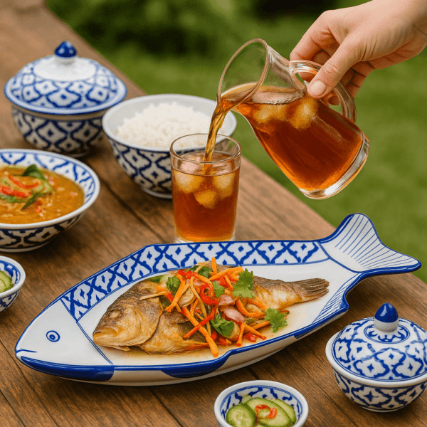 Thaise visschotel met rode chili en koriander op een blauw-wit visbord op een bamboemat.