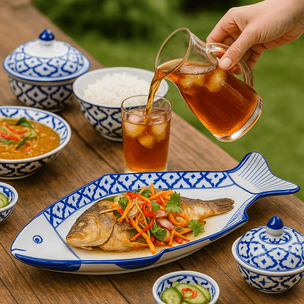 Thaise visschotel met rode chili en koriander op een blauw-wit visbord op een bamboemat.