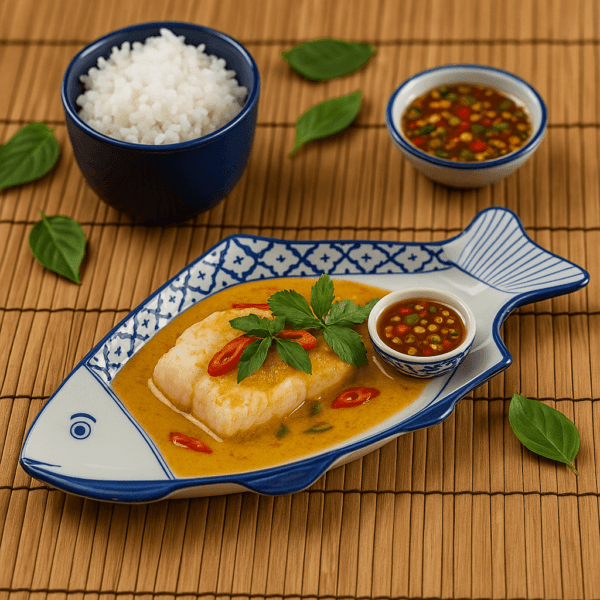 Vis in gele curry met rode peper en koriander op een blauw-wit visbord, geserveerd met dipsaus en rijst.