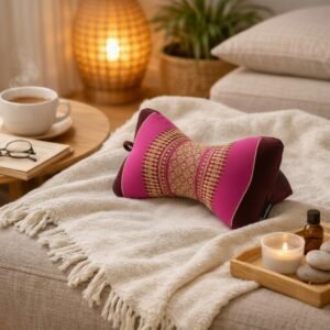 Fuchsia roze Thais sterkussen op een zachte plaid in een warme wellness-sfeer met kaarslicht en thee.