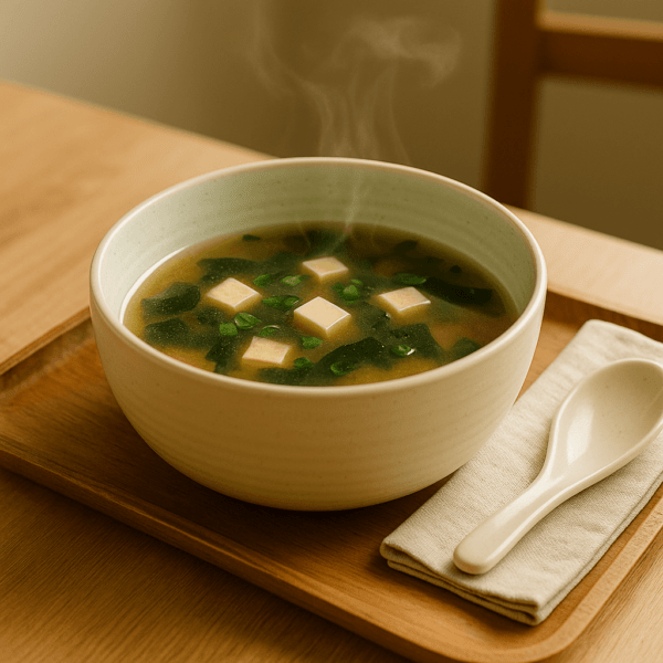 Sukhon kom van 16 cm gevuld met warme soep met tofu en zeewier, op een houten dienblad met lepel en servet