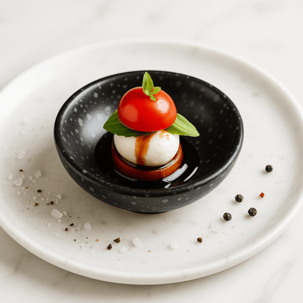 Zwarte keramieken theetip met een caprese hapje van tomaat, mozzarella en basilicum, gegarneerd met balsamico op een wit marmeren bord.