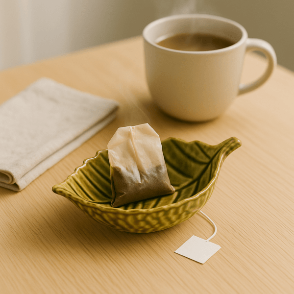 Olijfgroen bladvormig keramsich schaaltje waarin een nat theezakje staat, naast een beige koffiemok en een opgevouwen linnen servet op een lichte houten tafel