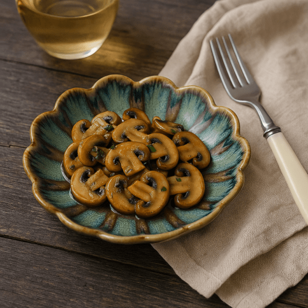Lotusvormig licht turquoise schaaltje met gebakken champignons, op een rustieke houten tafel
