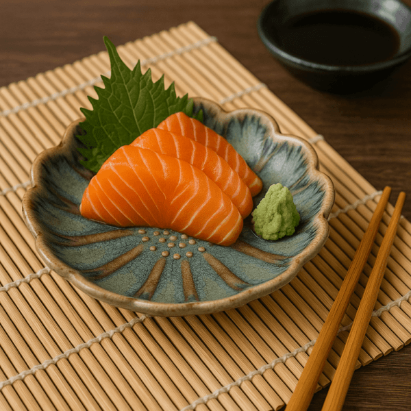 Licht turquoise lotus schaaltje met zalmsashimi en wasabi, geserveerd op een bamboemat