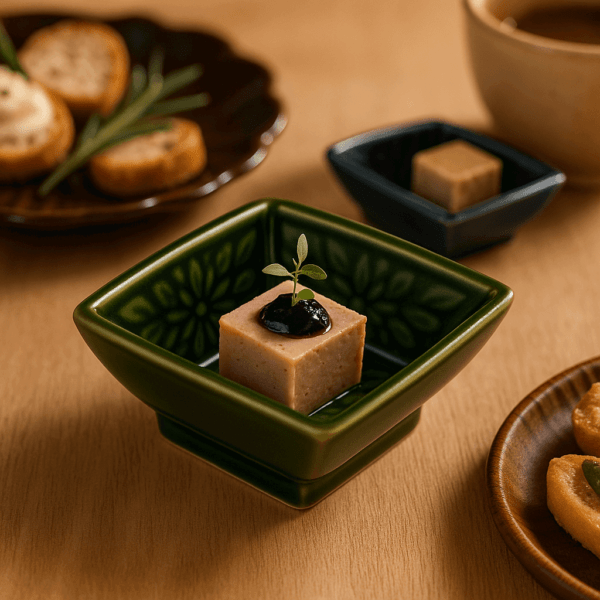 Groene keramische vierkante schaal met bloemmotief, met daarin een blokje fudge met een kruidentakje erop, omringd door borden met kaas, tomaat, olijven en een wijnglas op een houten tafel