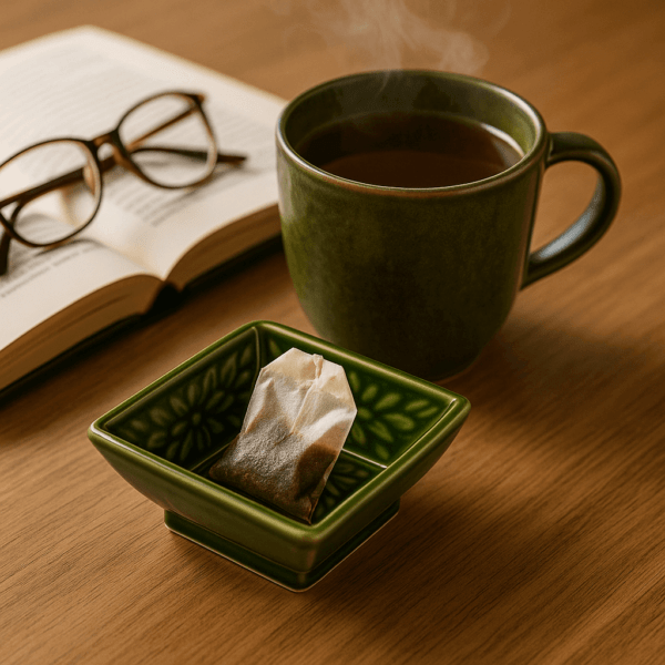 Groene keramische vierkante schaal met bloemmotief met daarin een theezakje, op een houten tafel naast een open boek en een bril, met een stoomende mok op de achtergrond