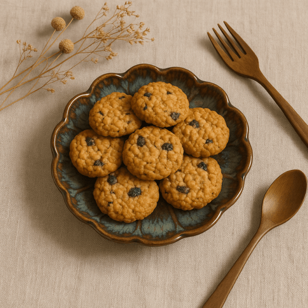 Bruin-blauw keramisch schaaltje in lotusvorm gevuld met chocoladekoekjes, liggend op een linnen ondergrond met houten bestek.
