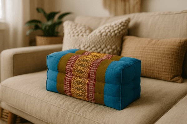 Meditatiekussen in turquoise en olijfgroen in een serene kamer met yogamat en bonsaiboom – sfeerbeeld.